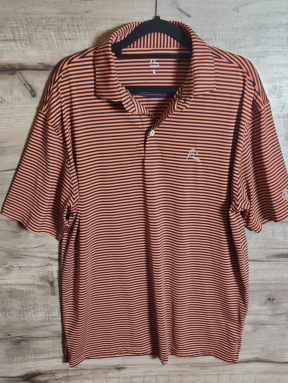 Rhoback Performance Polo In Orange Navy Stripe Logo